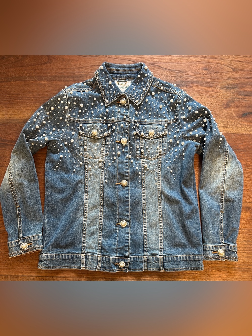 The Quacker Factory Pearl Beaded Rhinestone Denim Jean Trucker Jacket Women's S